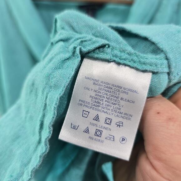 Lands End Shirt Womens Large P Blue Linen Short Sleeve Boxy Pockets Cuffed V - Picture 8 of 10